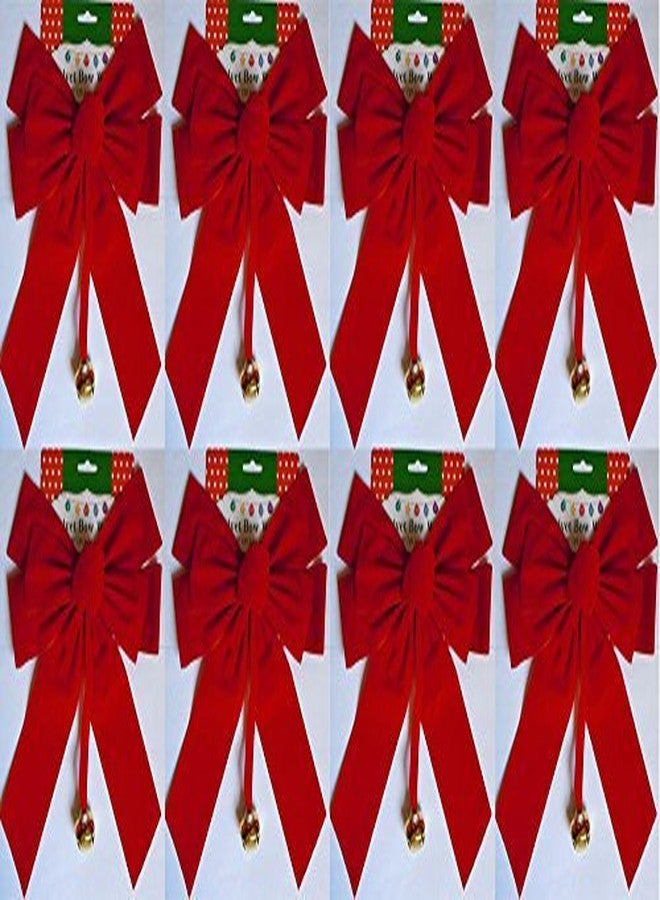 REGENT Set of 8 Large Red Velvet Christmas Bows with Dangling Metal Bell - Measures - 10" x 15" Indoor Use Only